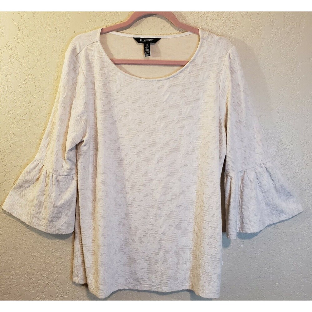 Ellen Tracy Ivory 3/4 Bell Sleeve Tonal Stretch Top Sz Large